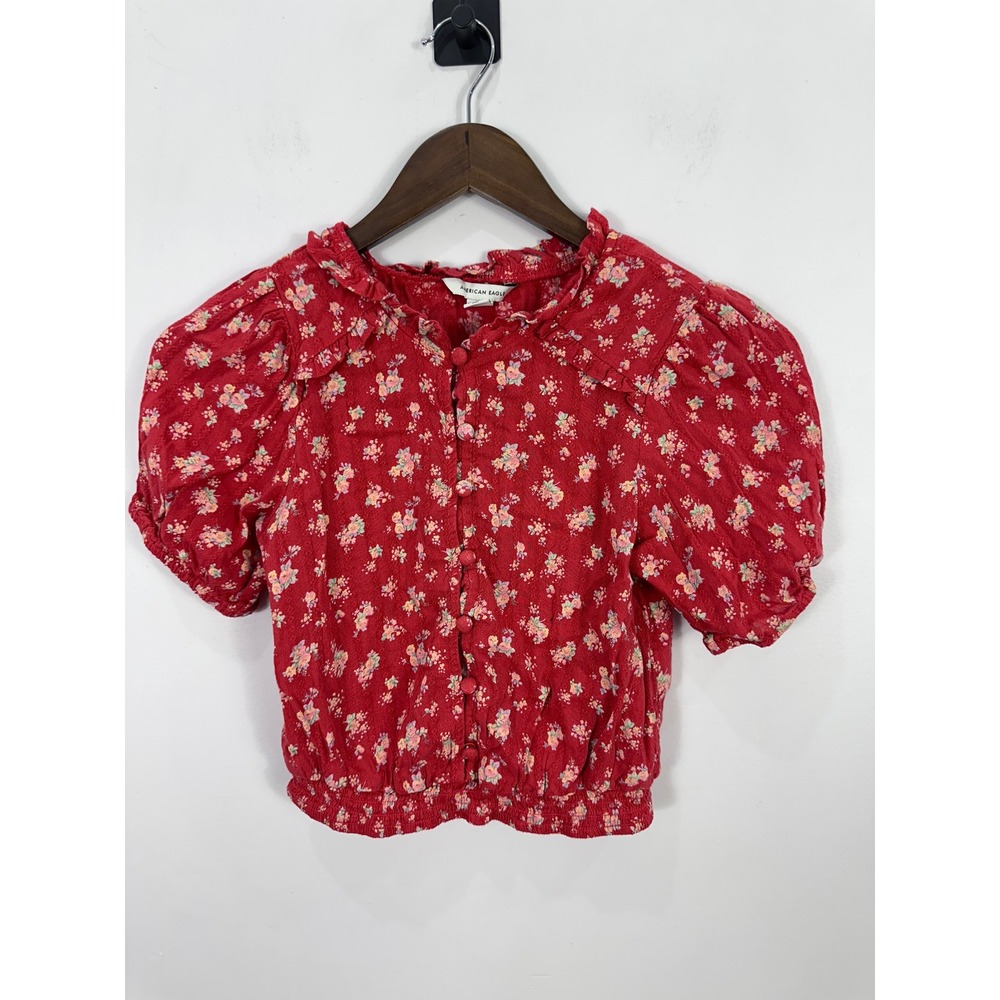 American Eagle Floral Blouse Womens XS Red Puff Sleeve Smocked Crop Top Boho
